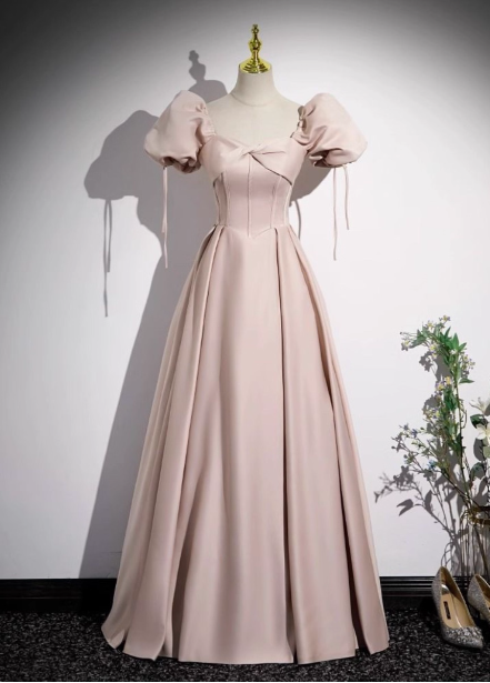 Sweet Pink A-Line Square Neck Puff Sleeve Satin Long Prom Dress Evening Dress Main image