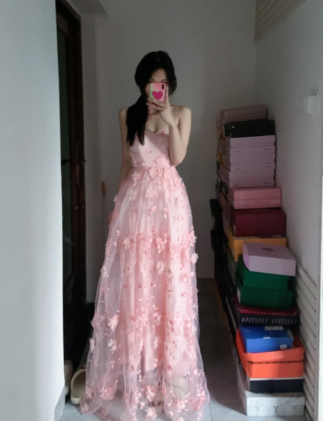 Sweet Pink A-Line Strapless 3D Floral Tulle Long Prom Dress Evening Dress Secondary image