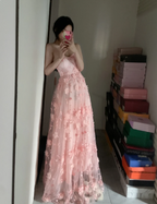 Sweet Pink A-Line Strapless 3D Floral Tulle Long Prom Dress Evening Dress