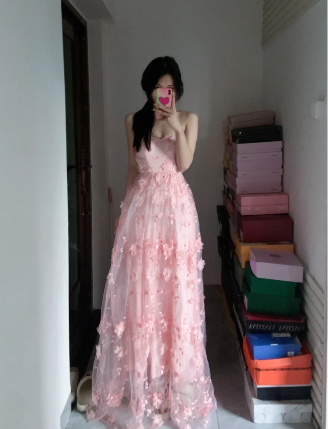 Sweet Pink A-Line Strapless 3D Floral Tulle Long Prom Dress Evening Dress