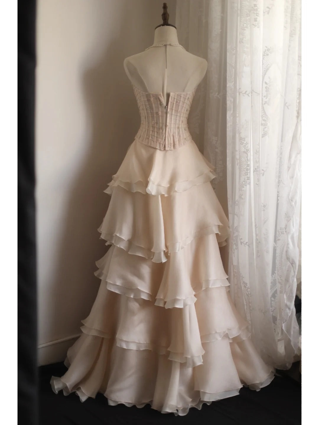 Sweet Pink A-Line Strapless Beaded Layered Chiffon Long Prom Dress Evening Dress