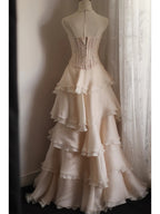 Sweet Pink A-Line Strapless Beaded Layered Chiffon Long Prom Dress Evening Dress