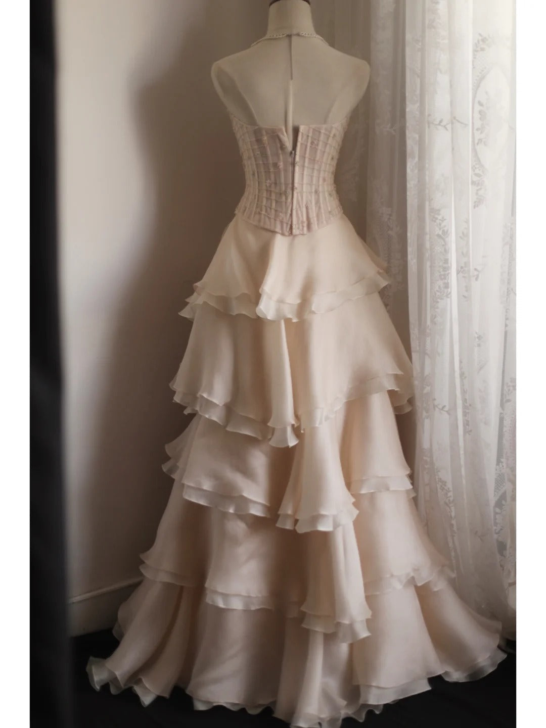 Sweet Pink A-Line Strapless Beaded Layered Chiffon Long Prom Dress Evening Dress