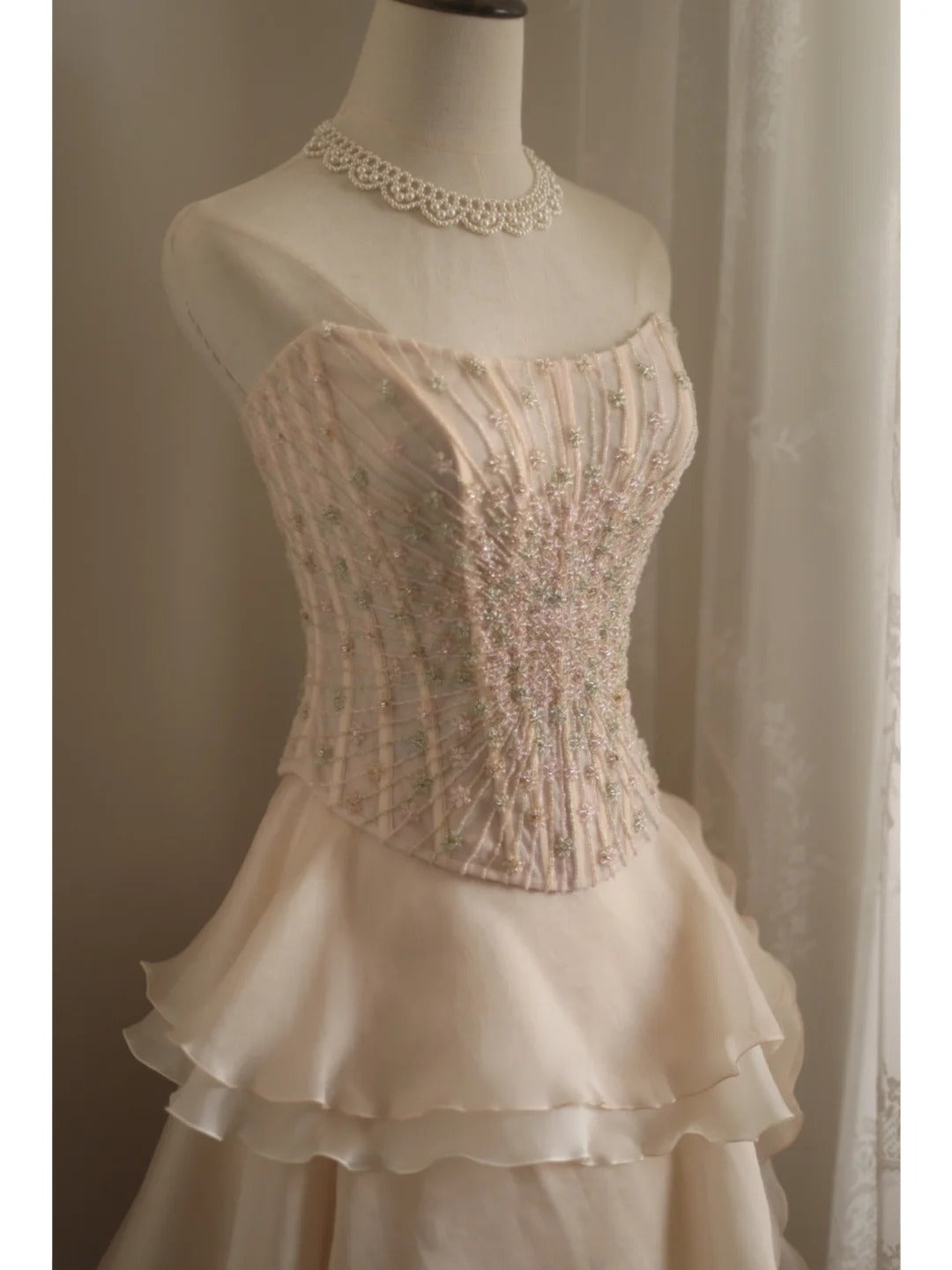 Sweet Pink A-Line Strapless Beaded Layered Chiffon Long Prom Dress Evening Dress