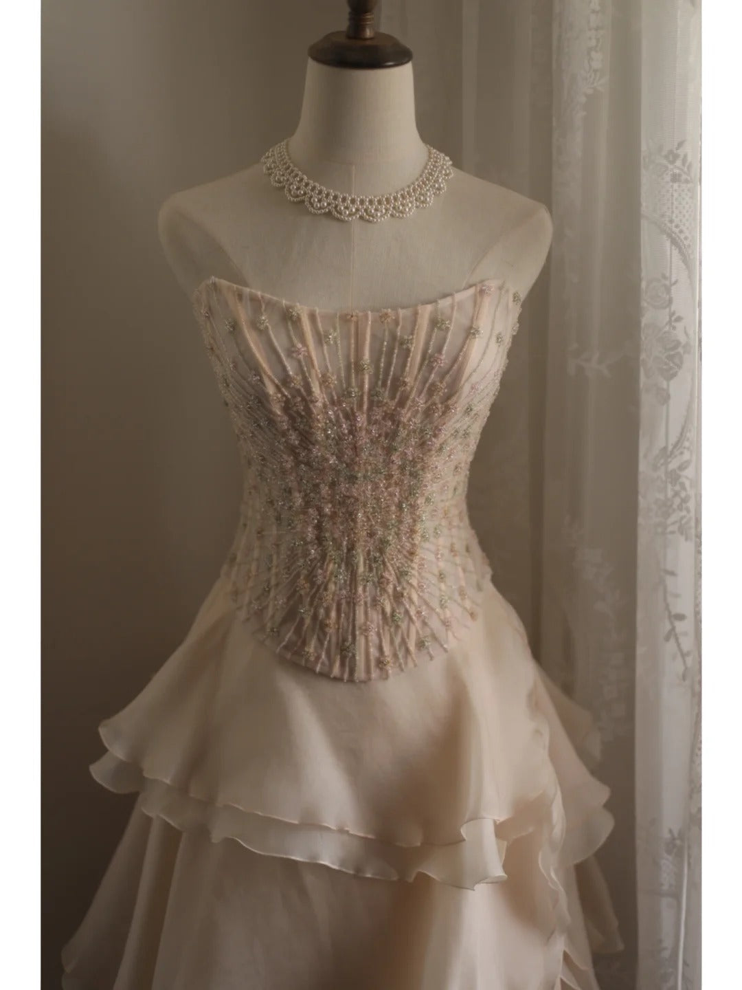 Sweet Pink A-Line Strapless Beaded Layered Chiffon Long Prom Dress Evening Dress
