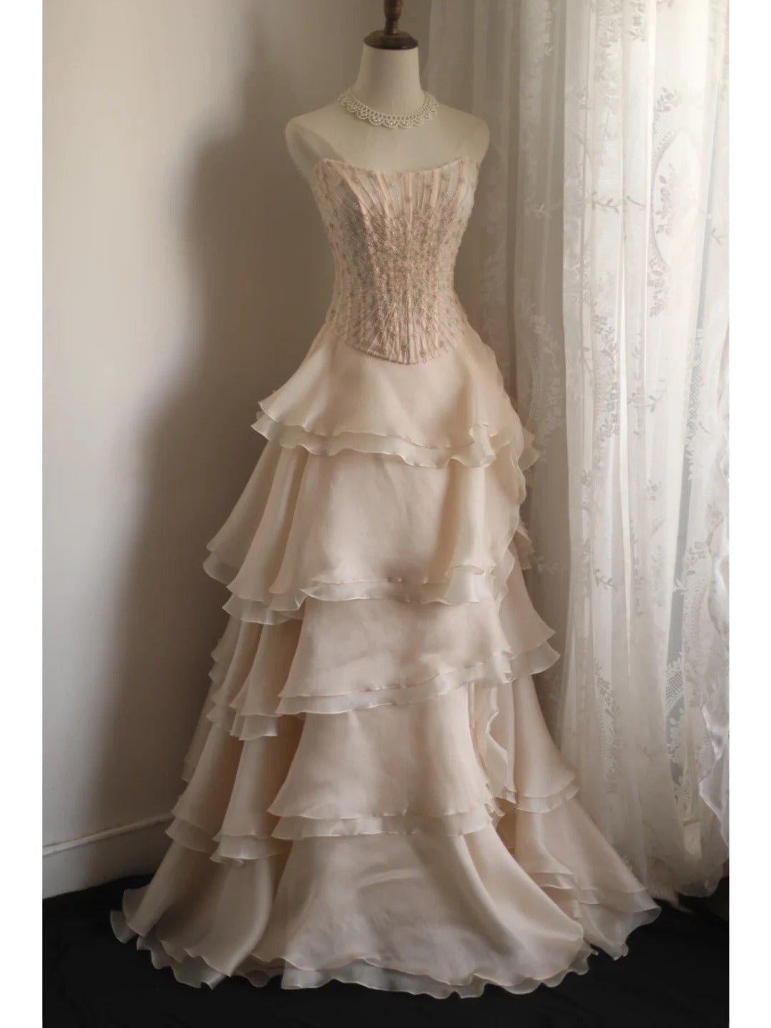Sweet Pink A-Line Strapless Beaded Layered Chiffon Long Prom Dress Evening Dress Main image