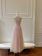 Sweet Pink A-Line Suspenders Sequined Tulle Long Prom Dress Evening Dress Bridesmaid Dress