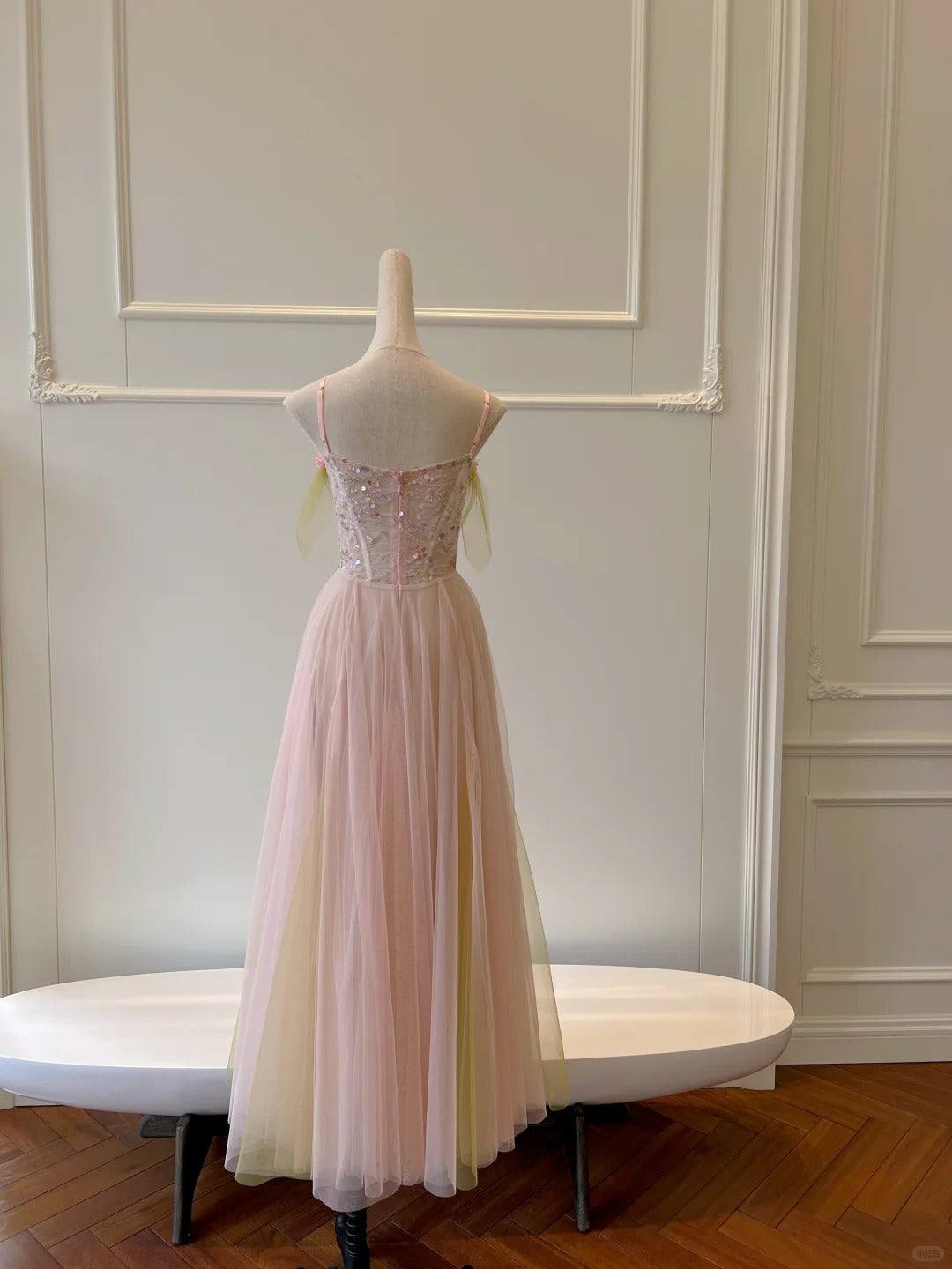 Sweet Pink A-Line Suspenders Sequined Tulle Long Prom Dress Evening Dress Bridesmaid Dress