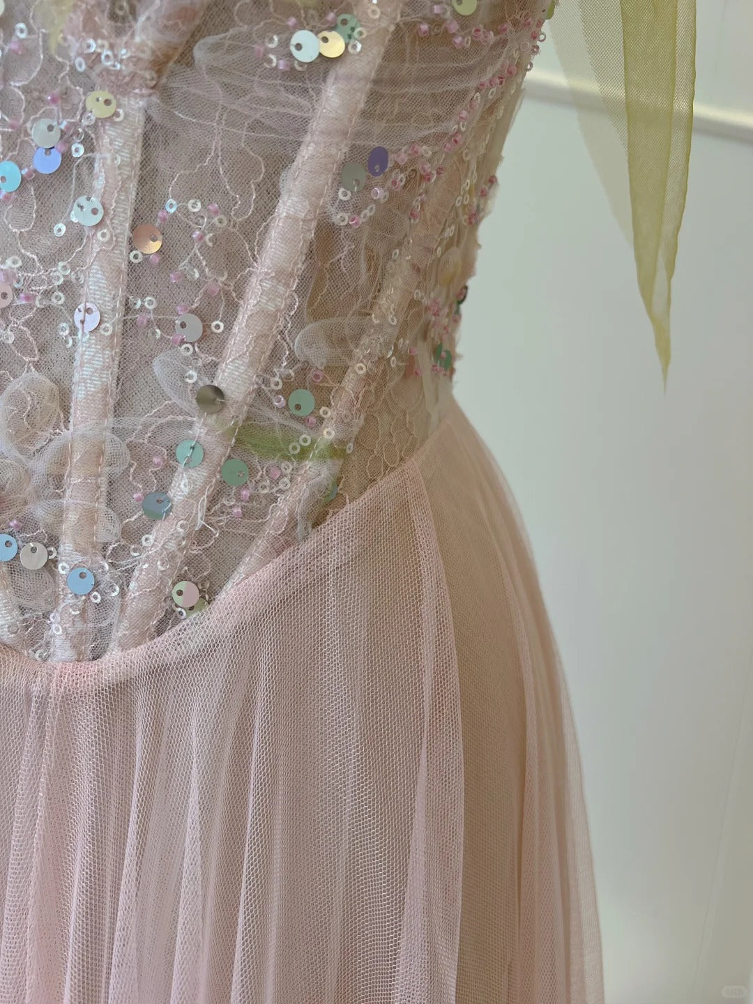 Sweet Pink A-Line Suspenders Sequined Tulle Long Prom Dress Evening Dress Bridesmaid Dress