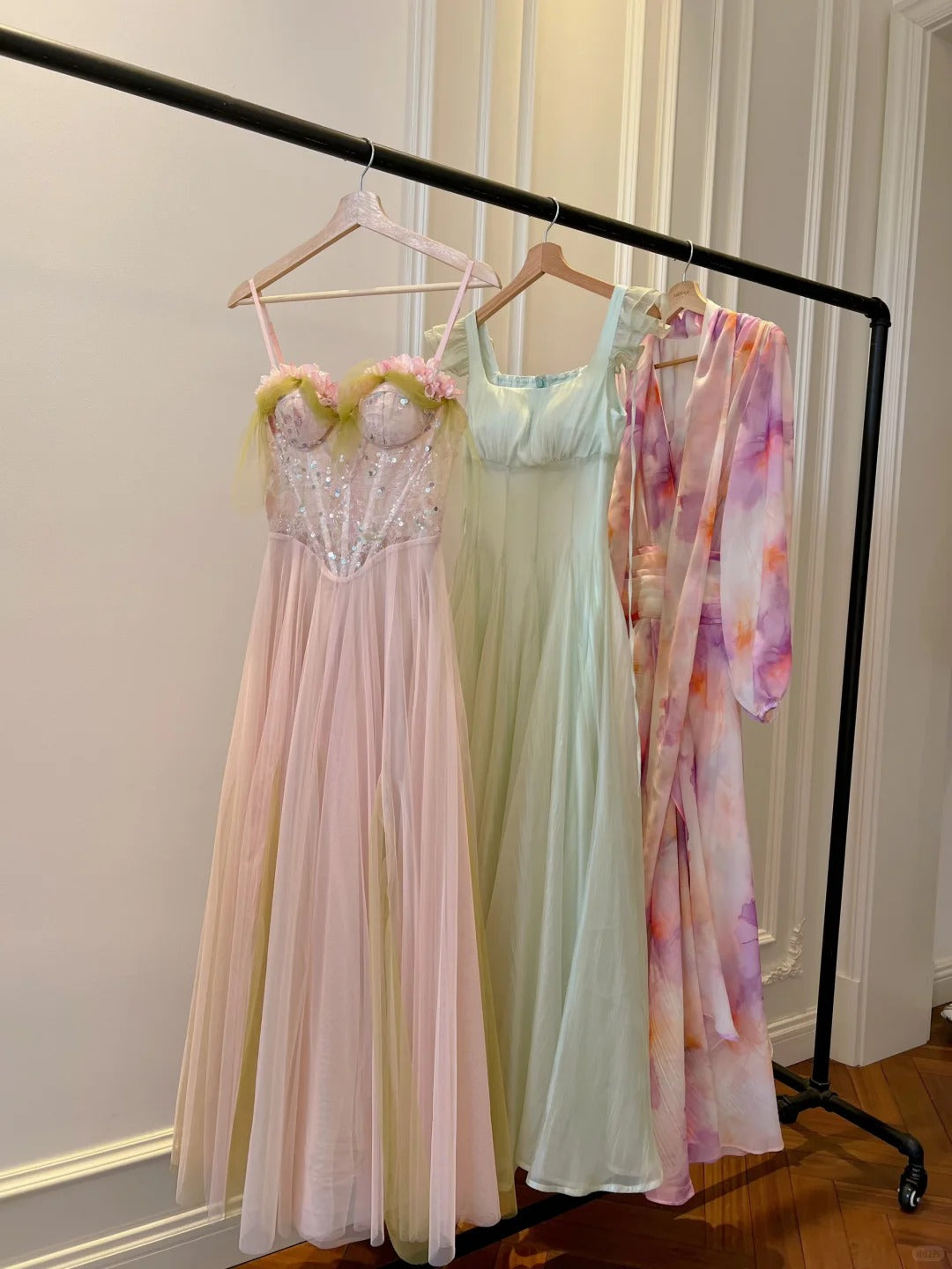 Sweet Pink A-Line Suspenders Sequined Tulle Long Prom Dress Evening Dress Bridesmaid Dress