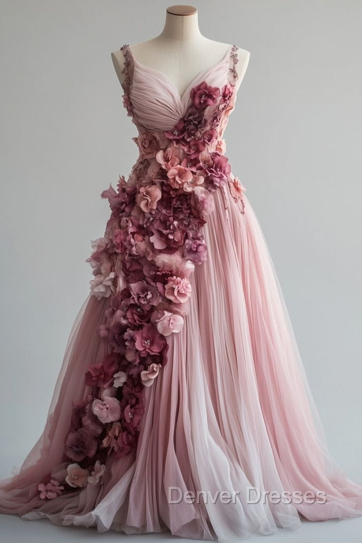 Sweet Pink A-Line Sweetheart Neck Tulle Long Prom Dress 3D Applique Wedding Dress Secondary image
