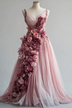 Sweet Pink A-Line Sweetheart Neck Tulle Long Prom Dress 3D Applique Wedding Dress