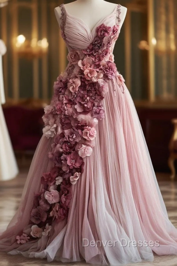 Sweet Pink A-Line Sweetheart Neck Tulle Long Prom Dress 3D Applique Wedding Dress Main image