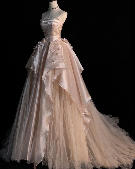 Sweet Pink A-Line Tulle Satin  Long Prom Dress Strapless Applique Wedding Dress Secondary image