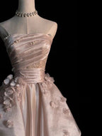 Sweet Pink A-Line Tulle Satin  Long Prom Dress Strapless Applique Wedding Dress