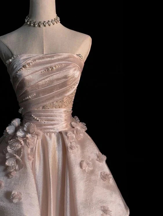 Sweet Pink A-Line Tulle Satin  Long Prom Dress Strapless Applique Wedding Dress