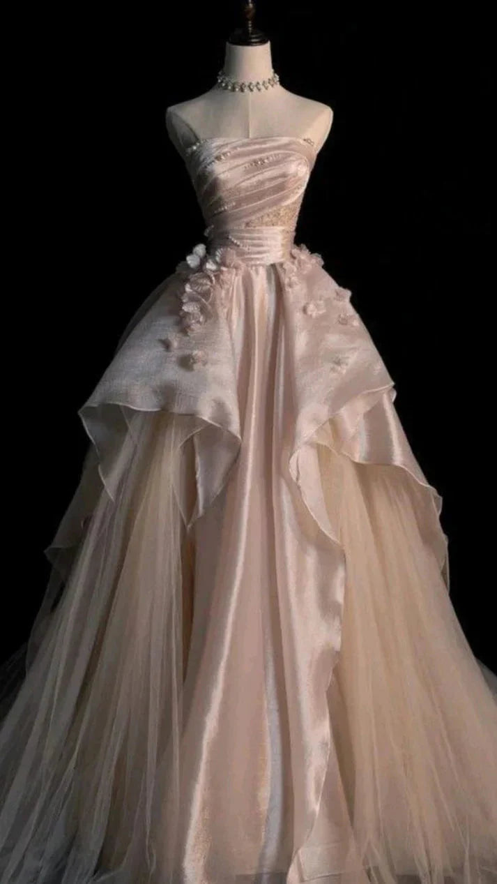 Sweet Pink A-Line Tulle Satin  Long Prom Dress Strapless Applique Wedding Dress