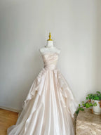 Sweet Pink A-Line Tulle Satin  Long Prom Dress Strapless Applique Wedding Dress