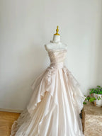 Sweet Pink A-Line Tulle Satin  Long Prom Dress Strapless Applique Wedding Dress