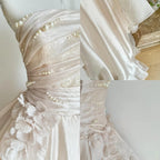Sweet Pink A-Line Tulle Satin  Long Prom Dress Strapless Applique Wedding Dress