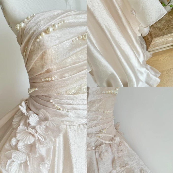 Sweet Pink A-Line Tulle Satin  Long Prom Dress Strapless Applique Wedding Dress