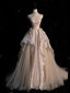 Sweet Pink A-Line Tulle Satin  Long Prom Dress Strapless Applique Wedding Dress