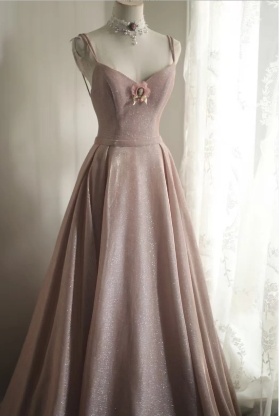 Sweet Pink A-Line V-Neck Sequined Long Prom Dress Evening Dress Bridesmaid Dress