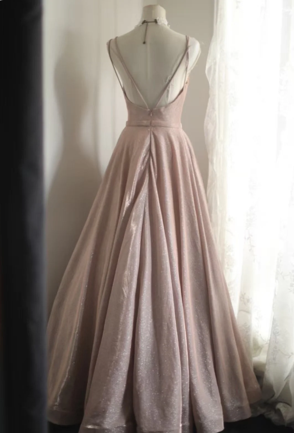 Sweet Pink A-Line V-Neck Sequined Long Prom Dress Evening Dress Bridesmaid Dress