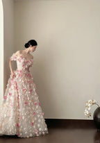 Sweet Pink And White Gradient Strapless 3D Floral Tulle Ball Gown Wedding Dress