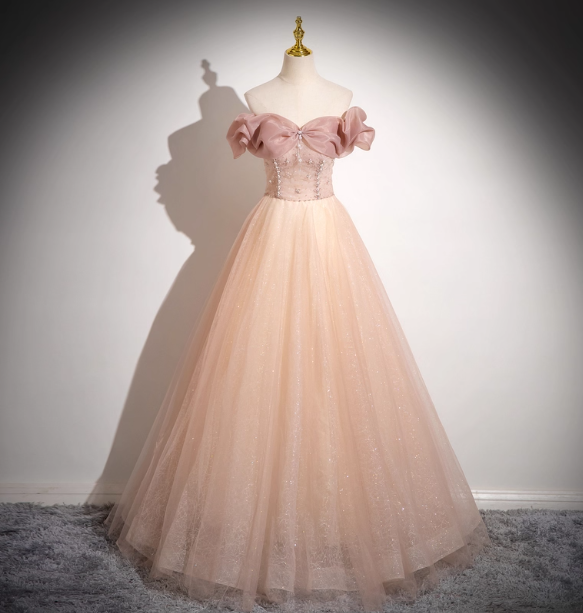 Sweet Pink Apricot One-Shoulder Tulle Long Ball Gown Evening Dress Sweet 16 Dress Secondary image