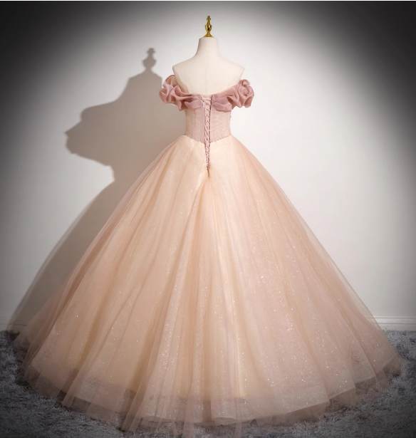 Sweet Pink Apricot One-Shoulder Tulle Long Ball Gown Evening Dress Sweet 16 Dress