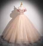 Sweet Pink Apricot One-Shoulder Tulle Long Ball Gown Evening Dress Sweet 16 Dress
