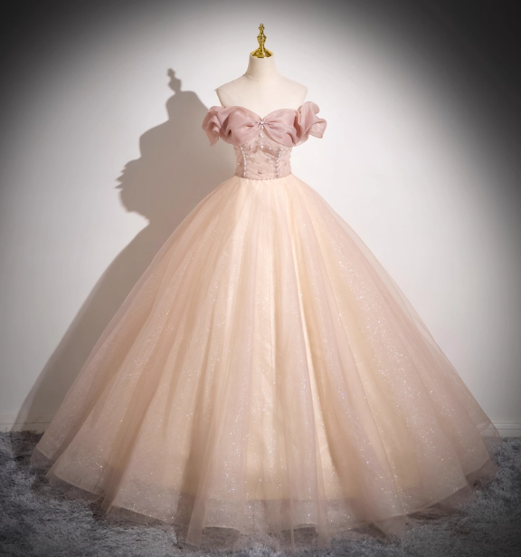 Sweet Pink Apricot One-Shoulder Tulle Long Ball Gown Evening Dress Sweet 16 Dress