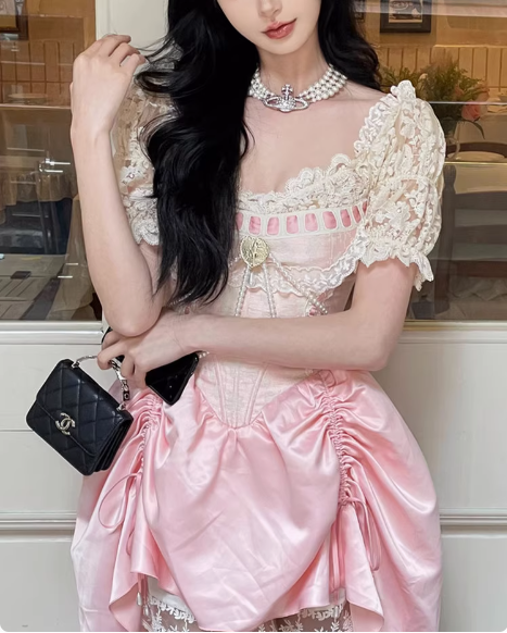 Sweet Pink Lace Short Sleeve Herringbone Short A-Line 17Th Birthday Homecoming Dress Secondary image