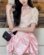 Sweet Pink Lace Short Sleeve Herringbone Short A-Line 17Th Birthday Homecoming Dress