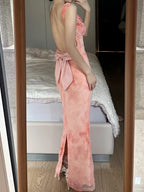 Sweet Pink Mermaid Backless Bow Print Chiffon Long Prom Dress Evening Dress