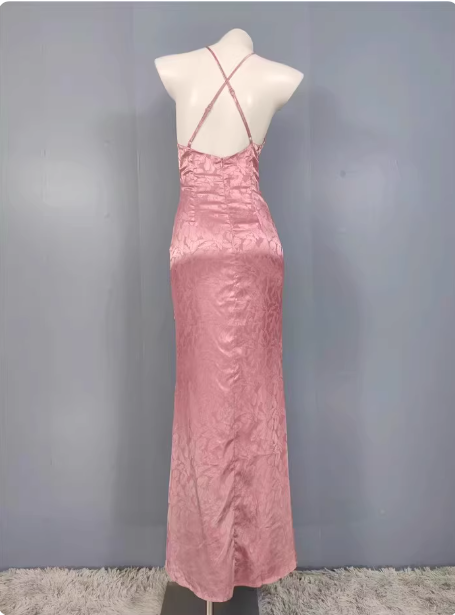 Sweet Pink Mermaid Cross-Ribbon Embroidered Satin Slit Long Prom Dress Evening Dress