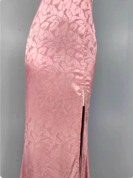 Sweet Pink Mermaid Cross-Ribbon Embroidered Satin Slit Long Prom Dress Evening Dress
