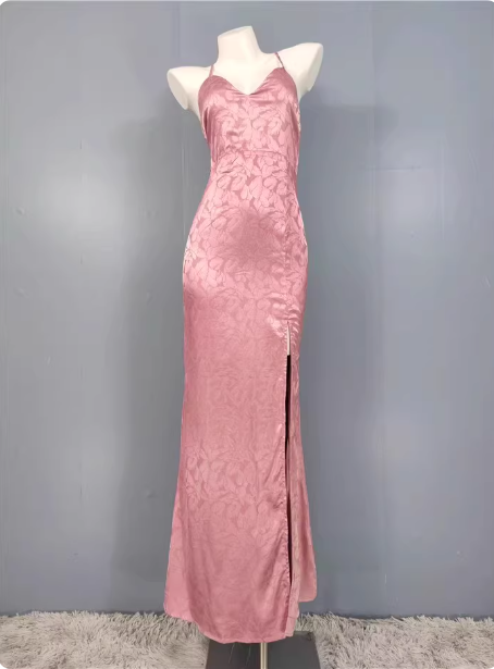 Sweet Pink Mermaid Cross-Ribbon Embroidered Satin Slit Long Prom Dress Evening Dress Main image