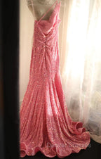 Sweet Pink Mermaid One Shoulder Sequined Pleated Long Prom Dress Backless Evening Dress