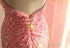 Sweet Pink Mermaid One Shoulder Sequined Pleated Long Prom Dress Backless Evening Dress