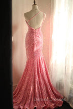 Sweet Pink Mermaid One Shoulder Sequined Pleated Long Prom Dress Backless Evening Dress