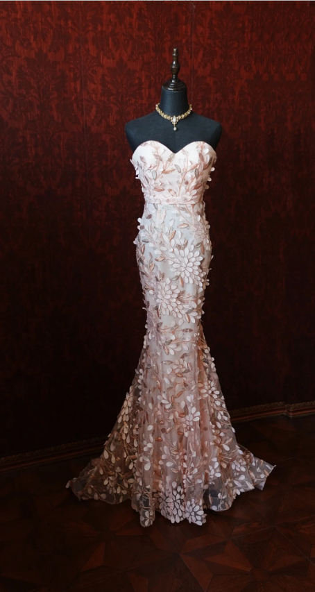 Sweet Pink Mermaid Sweetheart Neckline 3D Petal Tulle Long Prom Dress Evening Dress Main image