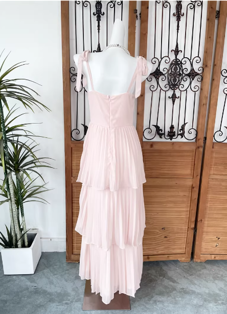 Sweet Pink Multi-Layered Tiered Bow Strap Chiffon Long Prom Dress Evening Dress Secondary image