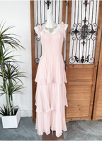 Sweet Pink Multi-Layered Tiered Bow Strap Chiffon Long Prom Dress Evening Dress
