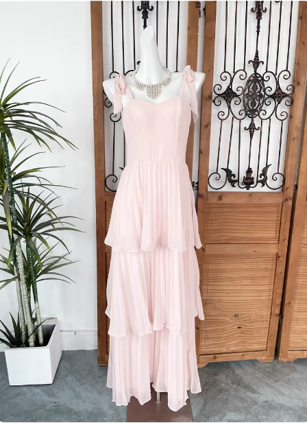 Sweet Pink Multi-Layered Tiered Bow Strap Chiffon Long Prom Dress Evening Dress