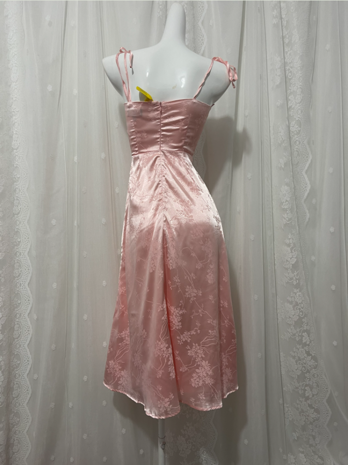 Sweet Pink Spaghetti Strap Embroidered Jacquard Satin Prom Dress Evening Dress Secondary image