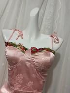 Sweet Pink Spaghetti Strap Embroidered Jacquard Satin Prom Dress Evening Dress