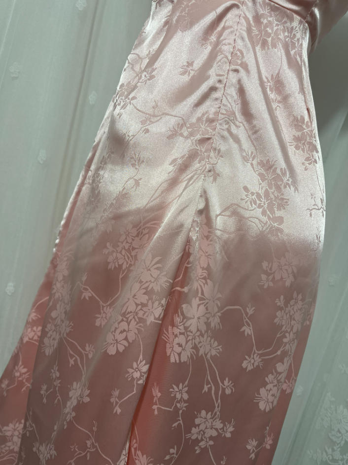 Sweet Pink Spaghetti Strap Embroidered Jacquard Satin Prom Dress Evening Dress