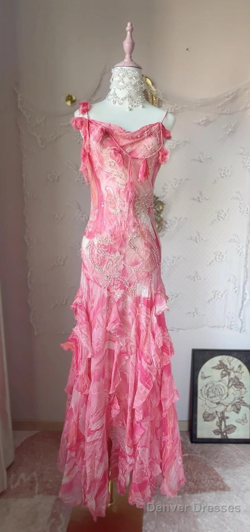 Sweet Pink Spaghetti Strap Sheath Vintage Chiffon Sequined Ball Dress Birthday Party Dress Main image